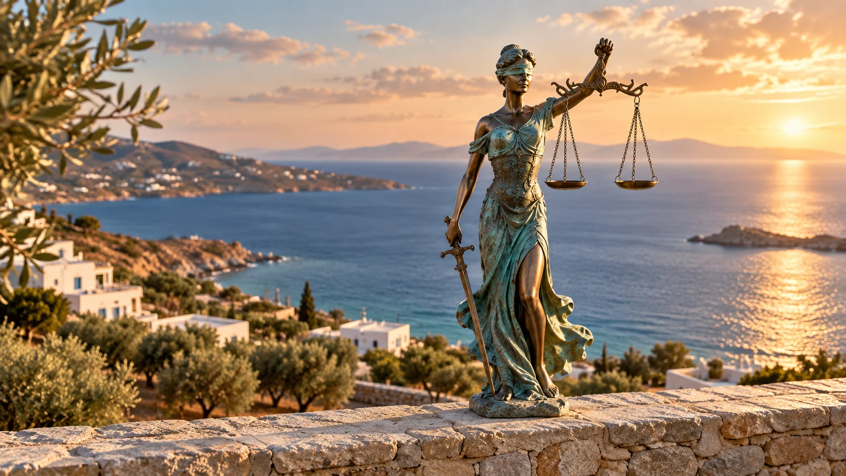 Illustration: eine Justitia-Statue mit Blick auf die Küste Kretas.